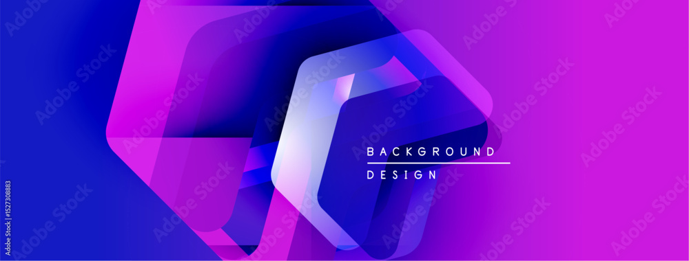 Poster abstract geometric shapes overlap, creating vibrant purple, blue gradients. modern design elements s