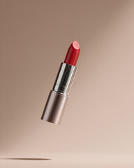 Vibrant lipstick levitating against light neutral backdrop, casting soft shadow that enhances its sleek design and bold color, creating eye catching visual appeal