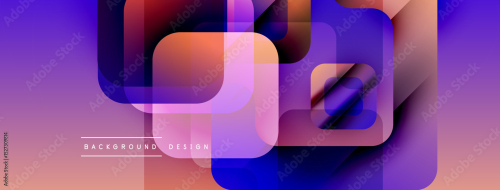 Poster abstract geometric shapes overlap, creating vibrant purple, orange gradient. modern design elements 