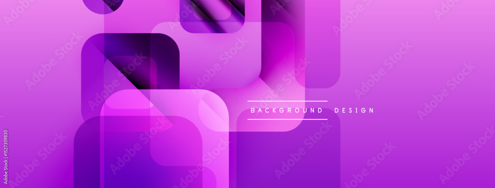 Poster Abstract purple background features overlapping geometric shapes. Gradient hues create modern, dynamic visual effect. Minimalist design.