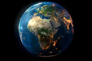realistic Earth globe with glowing digital data streams and network connections across continents, high-tech global communication, dark background
