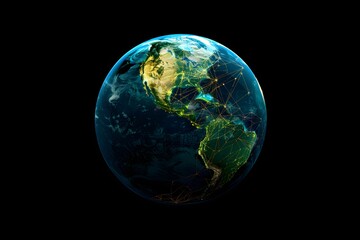 realistic Earth globe with glowing digital data streams and network connections across continents, high-tech global communication, dark background
