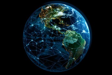realistic Earth globe with glowing digital data streams and network connections across continents, high-tech global communication, dark background
