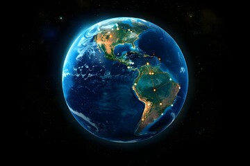 realistic Earth globe with glowing digital data streams and network connections across continents, high-tech global communication, dark background
