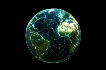 realistic Earth globe with glowing digital data streams and network connections across continents, high-tech global communication, dark background
