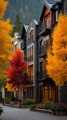 vibrant autumn foliage and recently constructed opulent homes in a neighbourhood