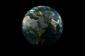 realistic Earth globe with glowing digital data streams and network connections across continents, high-tech global communication, dark background
