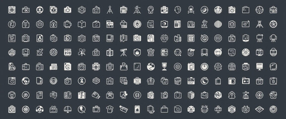 a neatly organized grid displaying 50 photography-related icons, all crafted in a minimalist style with thin line art