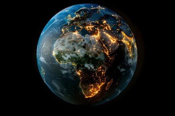 realistic Earth globe with glowing digital data streams and network connections across continents, high-tech global communication, dark background
