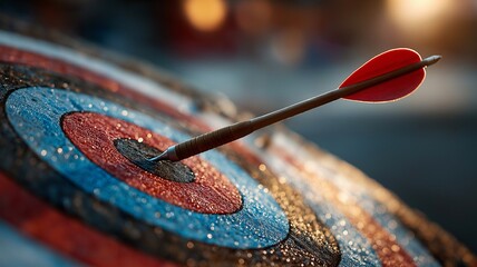 The archery target's centre is struck by the arrow.  Adroit aim and precision are demonstrated by the arrow's flawless hit on the target.