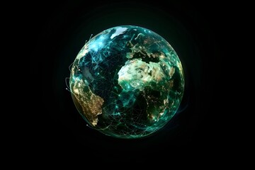 realistic Earth globe with glowing digital data streams and network connections across continents, high-tech global communication, dark background
