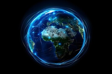 realistic Earth globe with glowing digital data streams and network connections across continents, high-tech global communication, dark background
