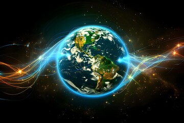 realistic Earth globe with glowing digital data streams and network connections across continents, high-tech global communication, dark background
