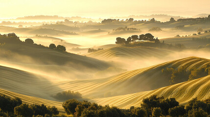Scenic landscape of rolling hills and fields at sunrise or sunset with fog