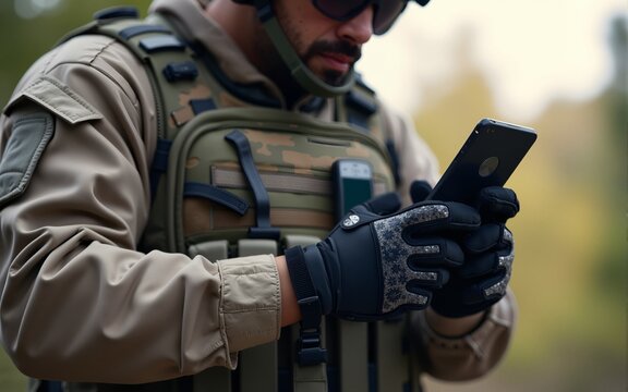 Soldier using mobile phone wearing tactical gloves and gear. High quality