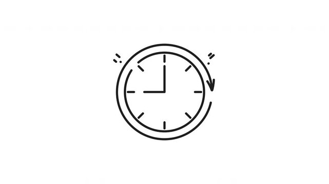 Clock linear icon animation. Clock linear icon, black and white, suitable for time management apps, websites, and print materials needing a simple clock symbol. Animated outline icon - Powered by Adobe