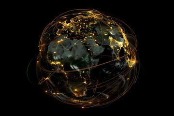 realistic Earth globe with glowing digital data streams and network connections across continents, high-tech global communication, dark background
