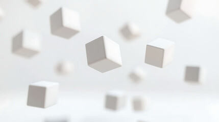 A collection of floating white cubes suspended above a white background, with soft shadows underneath, creating an illusion of depth and weightlessness,