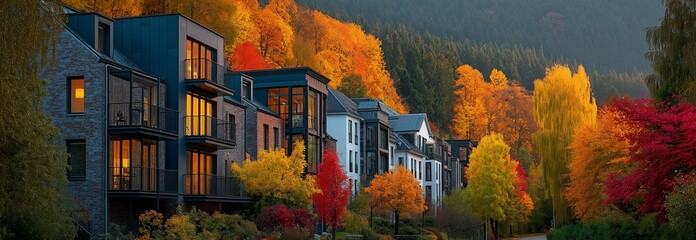 vibrant autumn foliage and recently constructed opulent homes in a neighbourhood