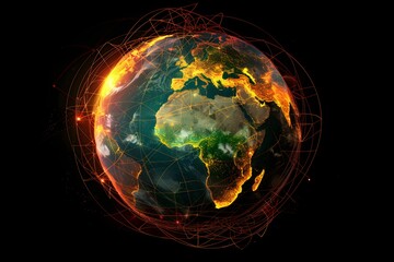 realistic Earth globe with glowing digital data streams and network connections across continents, high-tech global communication, dark background
