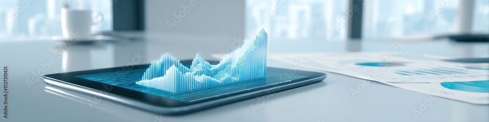 Aufkleber a tablet displaying a blue graph with papers and a cup in the background on a white surface view