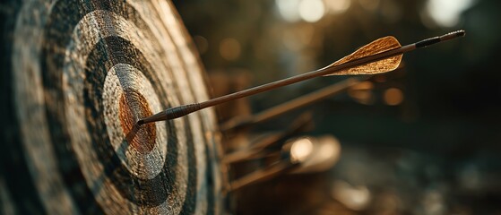 The archery target's centre is struck by the arrow.  Adroit aim and precision are demonstrated by the arrow's flawless hit on the target.