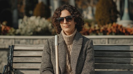 In a metropolitan park, a woman with visual impairments sits with a white cane.