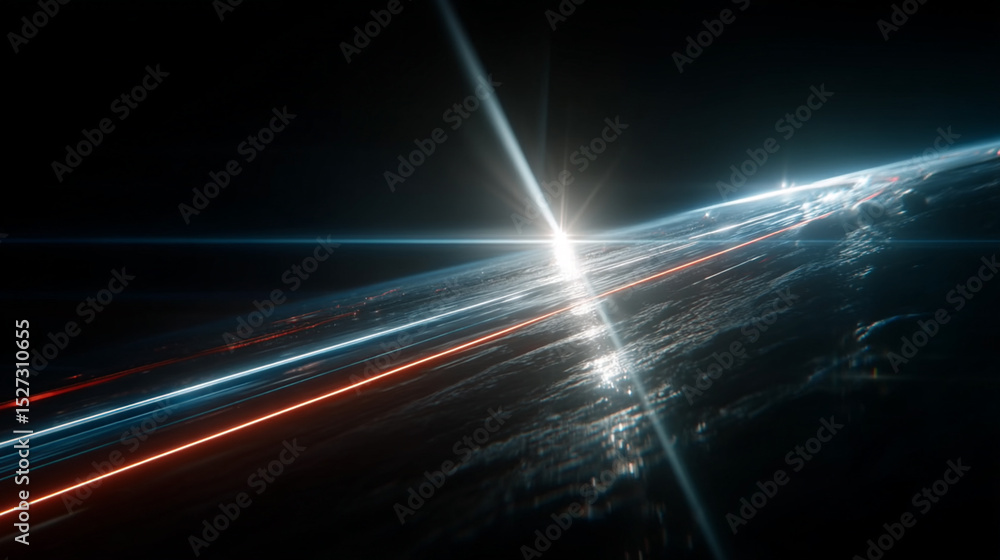 Poster abstract earth view with light trails across a dark space background with a star