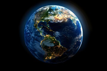 realistic Earth globe with glowing digital data streams and network connections across continents, high-tech global communication, dark background
