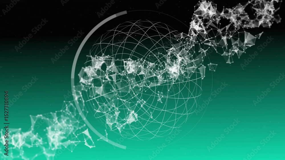 Poster gradient reveal starting sphere mesh, ring rotating and particle wave mapping technology data flow