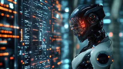Fototapeta premium Futuristic Detailed Robot Artificial Intelligence Cybernetic Machine Standing Near Digital Network