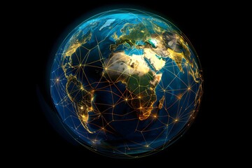 realistic Earth globe with glowing digital data streams and network connections across continents, high-tech global communication, dark background
