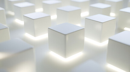 Obraz premium A perfectly symmetrical arrangement of white cubes, each cube standing on a clean white surface, with soft natural light illuminating the edges to highlight their pristine form,