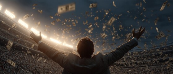 In the stadium, a businessman is celebrating as cash drops from the sky.
