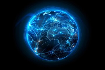 realistic Earth globe with glowing digital data streams and network connections across continents, high-tech global communication, dark background
