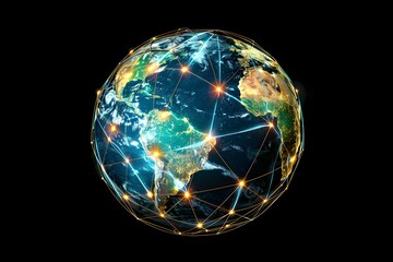 realistic Earth globe with glowing digital data streams and network connections across continents, high-tech global communication, dark background
