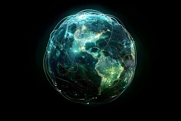 realistic Earth globe with glowing digital data streams and network connections across continents, high-tech global communication, dark background
