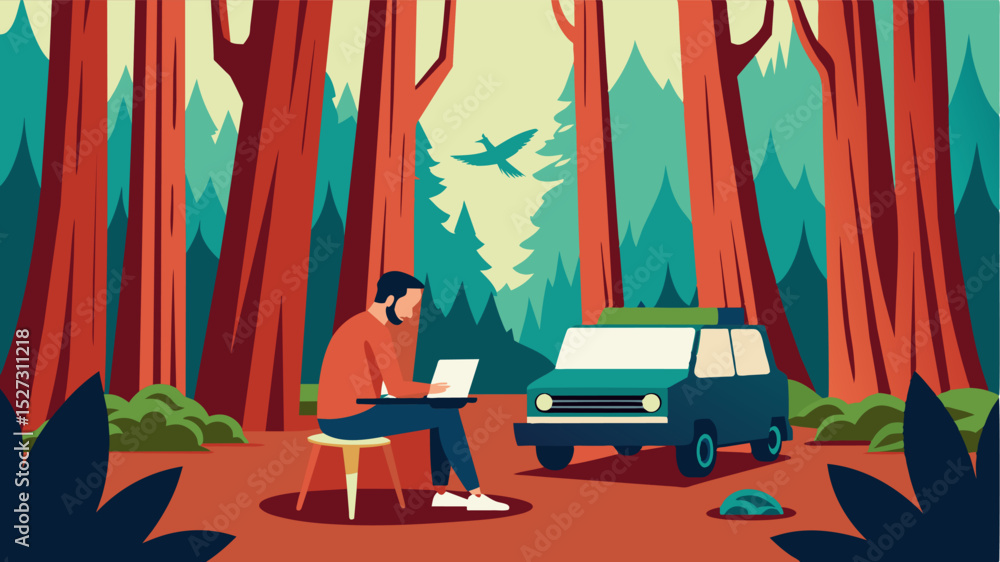 Poster surrounded by towering redwoods a writer types away on a vintage typewriter positioned on a makeshif
