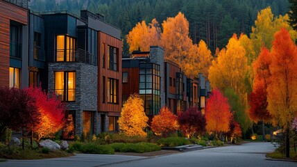 vibrant autumn foliage and recently constructed opulent homes in a neighbourhood
