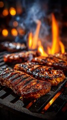 Juicy slices are cooked to perfection, and smoke and flames rise.