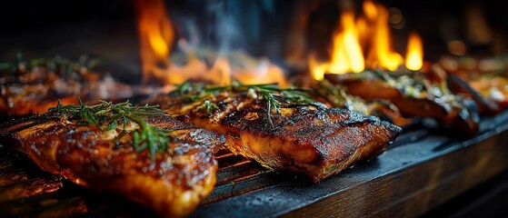 Juicy slices are cooked to perfection, and smoke and flames rise.