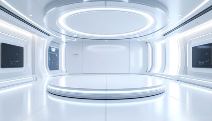 A futuristic, all-white, clean, and bright room with a circular stage, screens, and integrated lighting.