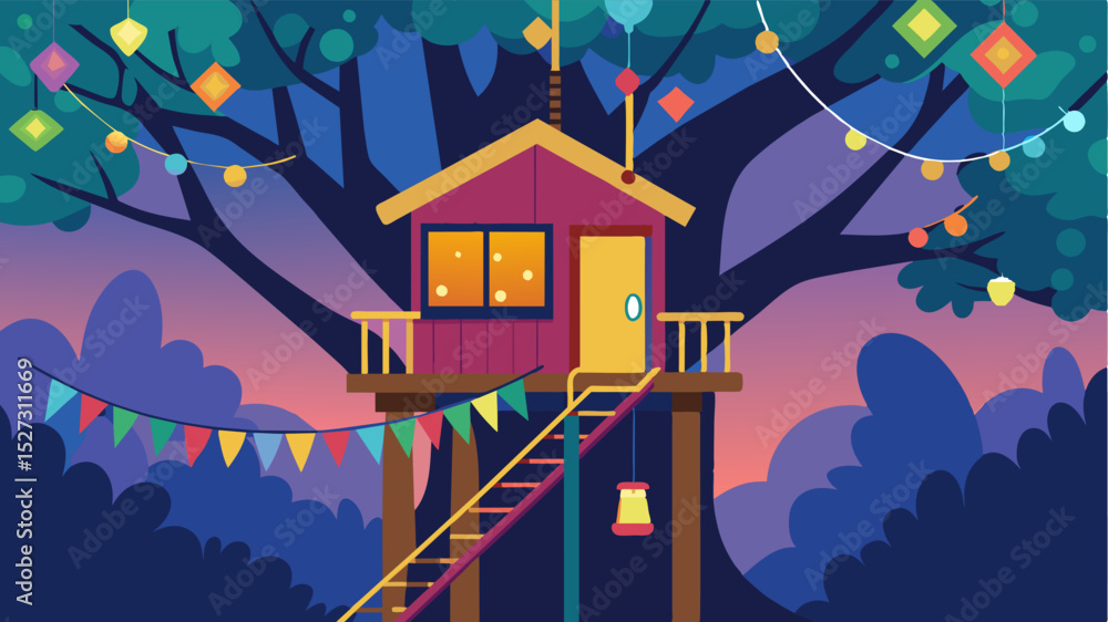Poster colorful fairy lights strung up around the treehouse adding a touch of whimsy and creating a cozy am