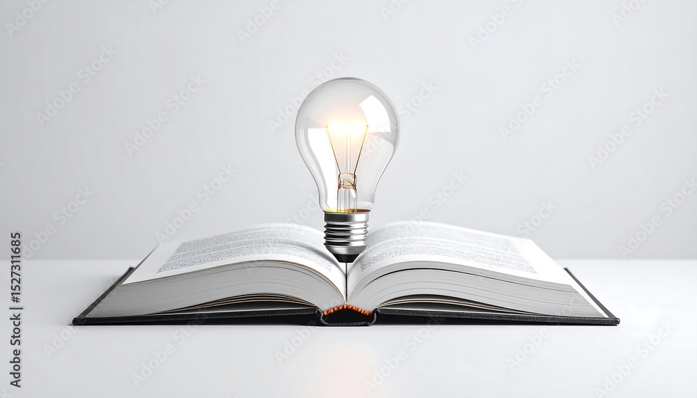 Poster a lit lightbulb sits on an open book on a white surface, symbolizing the connection between knowledg