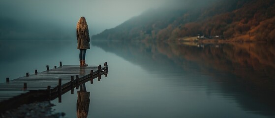 The entire length of a blonde woman standing on the lakeside pier