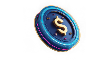 Blue coin with gold dollar symbol, digital finance concept
