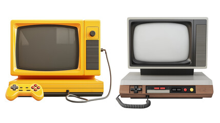 Retro television and vintage game console with joystick, transparent background