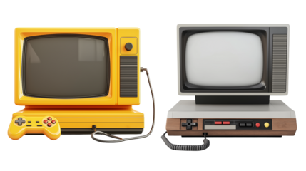 Retro television and vintage game console with joystick, transparent background