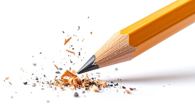 A yellow pencil tip hovers over scattered shavings and graphite on a white surface, capturing the sharpening process.
