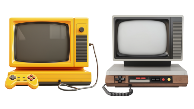 Retro television and vintage game console with joystick, transparent background